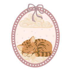 Cute sleeping ginger cat on soft cloud vintage background. Beige and purple color in a romantic coquette cottagecore style. Ideal for greeting card or invitation. Great for summer print and poster.