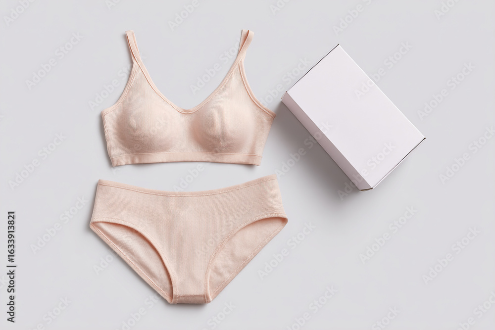 Poster peach-colored undergarments arranged neatly next to a white box on a soft gray surface, simple and s