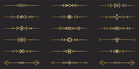 Gold text dividers doodle set. Wedding decorative elements. Divider ornament, borders, vintage line separators. Hand drawn vector illustration isolated on black background