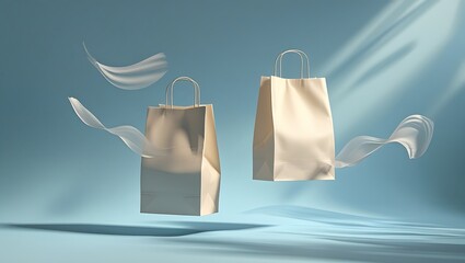 Elegant shopping bags float gracefully with flowing sheer fabric against a serene blue backdrop