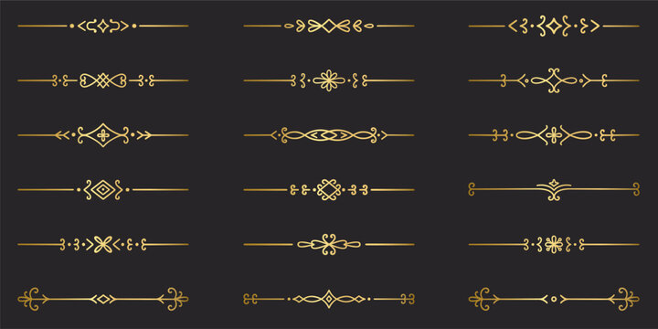 Gold text dividers doodle set. Wedding decorative elements. Divider ornament, borders, vintage line separators. Hand drawn vector illustration isolated on black background