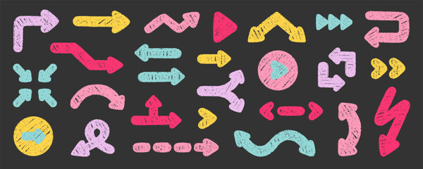 Chalk pencil arrows doodle set. Charcoal childish scribble direction pointers in sketch style. Crayon and Grunge texture. Hand drawn vector illustration isolated on black background