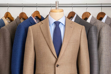 Collection of elegant autumn outfit ideas featuring tailored suits in various colors and textures, with focus on beige suit paired with blue shirt and navy tie, perfect for formal occasions