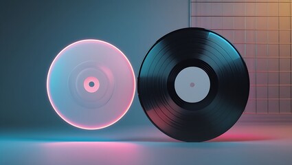 Retro vinyl records glow with vibrant neon lights, evoking nostalgic music and modern style