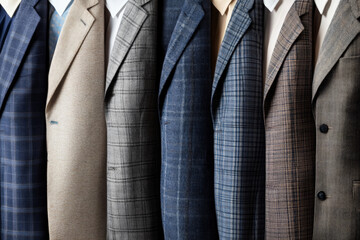 Collection of elegant men suits in various patterns and colors, including plaid, solid, and textured designs, perfect for autumn outfit ideas and formal occasions