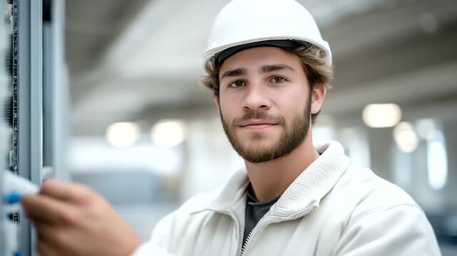 Worker connecting ethernet cable to patch panel in organized workspace