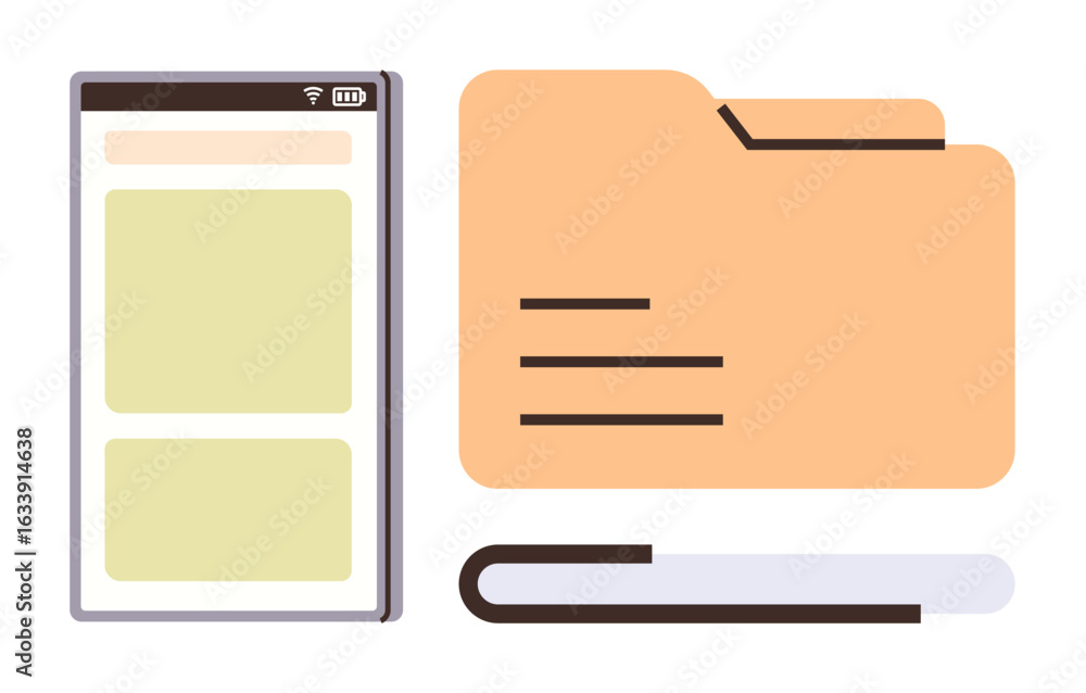 Poster mobile interface alongside a digital folder, symbolizing file sharing, organization, cloud storage, 