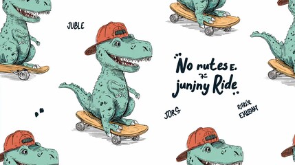 Playful illustration of a skateboarding dinosaur with a cap on a white background