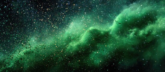 Deep space nebula with vibrant green clouds and glittering dust