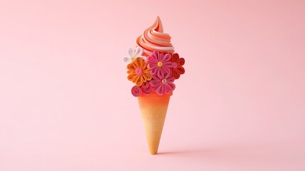 Paper - quilling ice - cream cone with orange and pink spirals, decorated with colorful paper flowers on a pink backdrop, highlighting sweet - inspired paper - crafting art