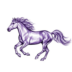 A purple horse in motion, isolated on a transparent background. The horse has a flowing mane and tail, showcasing its muscular build and graceful posture.