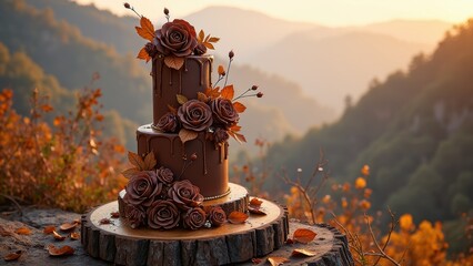 Autumn-themed chocolate cake with edible roses in a scenic mountain setting at sunset
