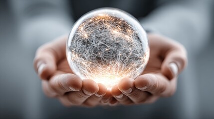 Crystal ball in hands, glowing network