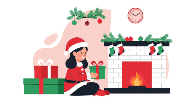 Smiling Woman In Santa Costume Sits Near A Fireplace With Christmas Gifts
