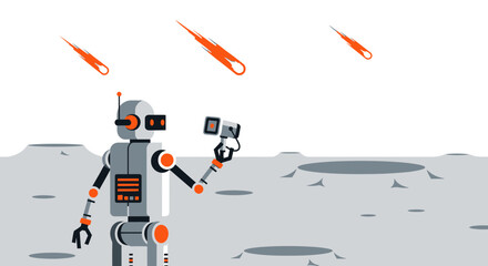 Robot Photographer Captures Fiery Meteor Showers on Lunar Surface in Futuristic Setting