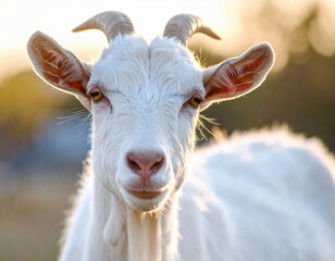 A white goat with curved horns gazes directly at the camera, showcasing its gentle expression and curious nature in a sunlit setting.	