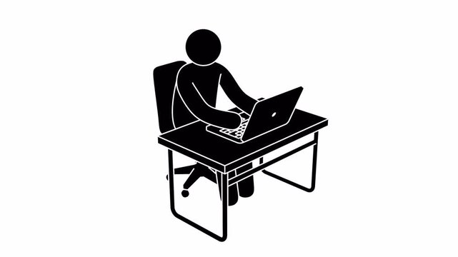 Stickman programmer sitting at a desk and writing code on a laptop, shown from a full 360-degree rotating view. looped animation