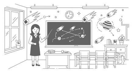 Teacher Explains Space Trajectory In Classroom With Comets And Planets Drawing
