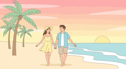 Romantic Beach Stroll Young Couple Enjoying Sunset Palm Trees Paradise Holiday
