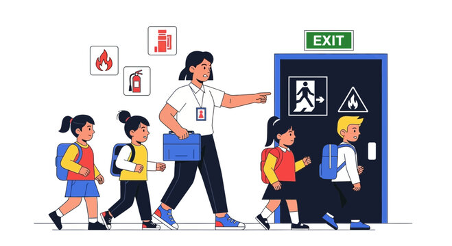 Teacher Guides Students During Fire Drill To The Emergency Exit Point