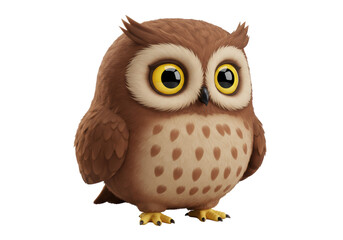 Isolated Cute 3D Brown Owl Character with Big Yellow Eyes, Ideal for Wisdom and Forest Themes
