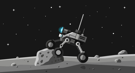 Naklejka premium Space Rover Exploring The Lunar Surface In Monochrome Illustration With Stars