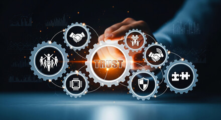 Building strong business partnerships through trust and collaboration visualized with interconnected gears and icons.