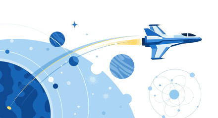 Spaceship Cartoon Flying From Planet To Explore Galaxy And Star System