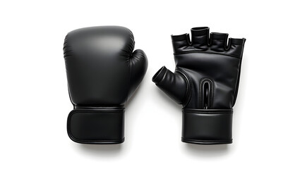 Sport Equipment A single black MMA glove with open fingers and padded knuckles isolated on white background with top view for branding and product catalog use