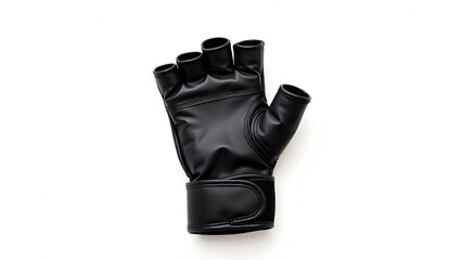 Sport Equipment A single black MMA glove with open fingers and padded knuckles isolated on white background with top view for branding and product catalog use