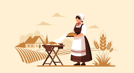 Rural Baker Offering Freshly Baked Bread On The Farm With Wheat Growing