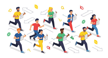 Fototapeta premium Running Towards Success: Diverse Group Completing Tasks with Charts and Pens