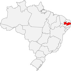 Map of Brazil highlighting the state of Paraíba. Ideal for geographic studies, travel guides, or projects focused on its coastal cities and culture