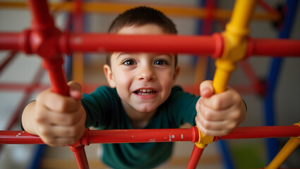 Obraz premium Sport Equipment Boy climbs indoor jungle gym with red bars and yellow grips face determined captured in high-energy angle with slight blur on hands (3)