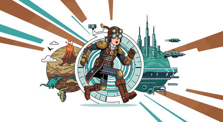 Steampunk Adventurer Navigating The Epochs Through Prehistoric And Futuristic Worlds