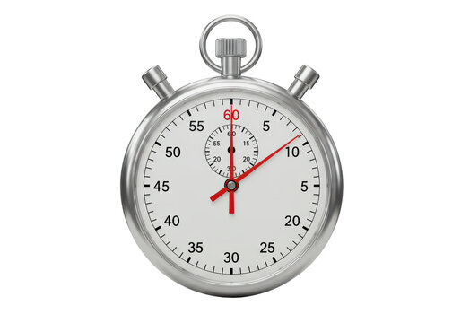 Isolated Classic Chrome Stopwatch with Red Hands and White Face for Timing Events