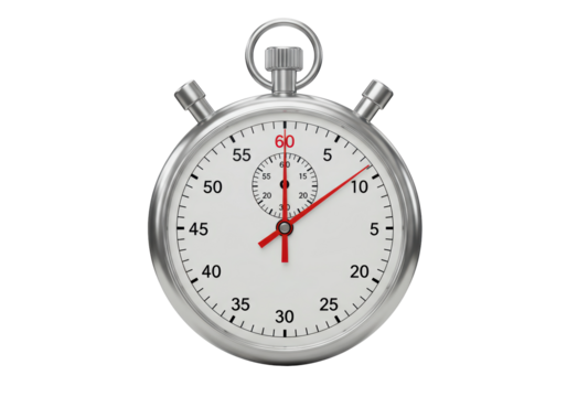 Isolated Classic Chrome Stopwatch with Red Hands and White Face for Timing Events