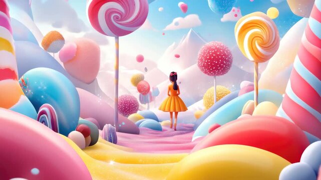 little girl in colorful candy fantasy world illustrated animation