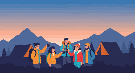 Scenic Adventure Friends Enjoying Hot Drinks Camping Trip At Dusk Landscape