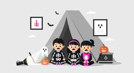 Obraz premium Scared Kids In Halloween Costume Near Tent During Horror Stories Time