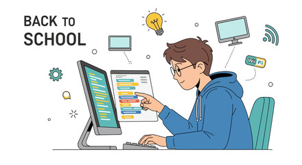 Naklejka premium Student Coding Back to School, Studying Online with Computers and Wifi Illustration
