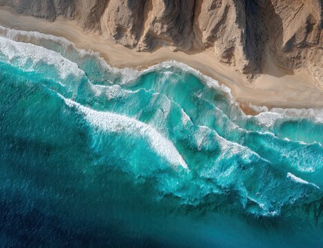 Aerial view of turquoise waves crashing on a sandy beach, meeting rugged beige cliffs