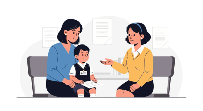 School Consultation Meeting Between Mother Son and Teacher Illustration