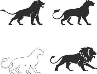 A black vector icon collection of running wild animals, including a horse, cat, dog, and tiger, as silhouettes in nature