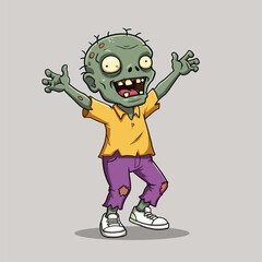 Cartoon zombie with green skin, big eyes, open mouth, wearing torn yellow shirt, purple pants, and white sneakers, arms raised, standing on gray surface with shadow.