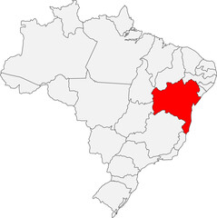 Map of Brazil highlighting the state of Bahia. Ideal for geographic studies, travel guides, or projects related to its rich history and vibrant culture