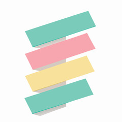 A set of five blank pastel sticky notes in different colors, cascading diagonally on a simple white surface.
