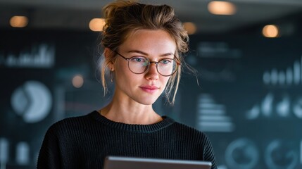 Focused Woman Working on Tablet