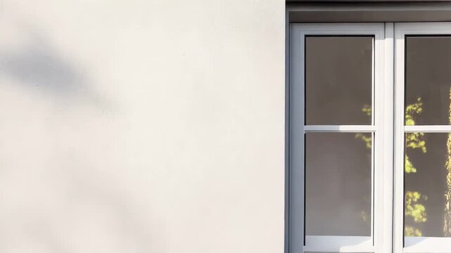 White interior wall with window partially opening, green tree branch casting soft moving shadows