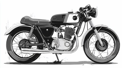 Retro motorcycle drawing, sleek design, classic style in grayscale